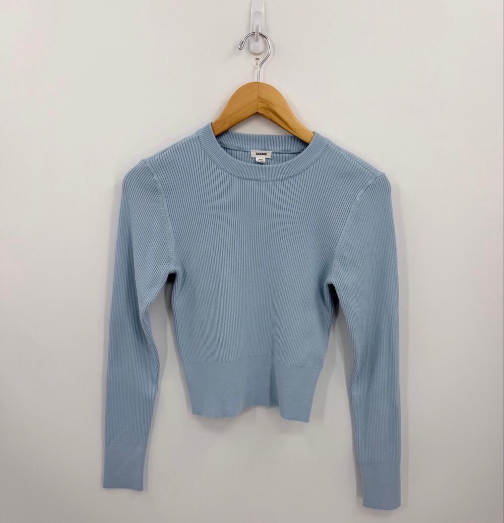 Garage Light Blue Ribbed Knit Cropped Sweater Crewneck Long Sleeve Fitted Size M